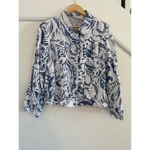 Chico's 100% Linen Button Front White Blue Floral Jacket Medium Coastal Beach